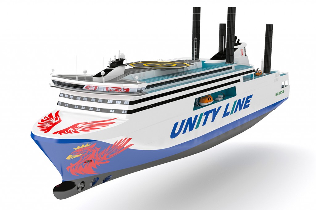 Renderization of an innovative ro-pax ferry designed by NED Project for Polish Steamship Company's Unity Line