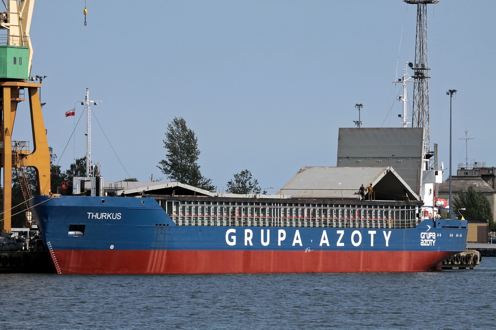 Mini-bulker Thurkus at the quay of Naval Shipyard Gdynia, with "Grupa Azoty" markings. Photo: Piotr B. Stareńczak