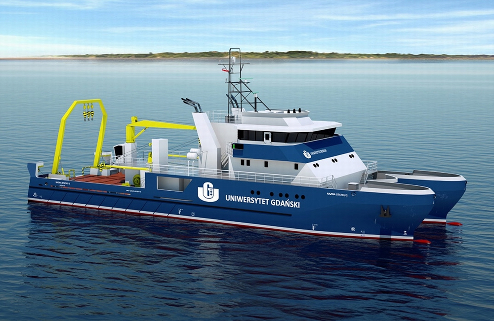 Computer rendering of the catamaran under construction for The University of Gdansk.