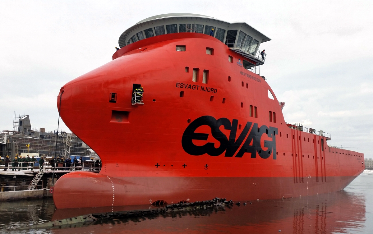 Partially outfitted hull of Wind Service Operation Vessel Esvagt Njord on the day of launching. Photo: Piotr B. Stareńczak