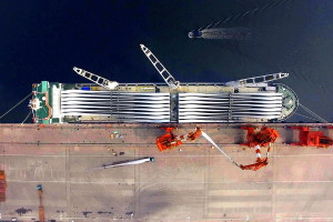 Aerial view of the Chipolbrok Atlantic with giant blades on-board. Photo: HBB