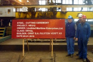 Steel cutting supervisors at the Lindblad Expeditions-National Geographic newbuild project, from left Marek Lewczuk, Janusz Stechly and Ole Osnes Gjerde. 