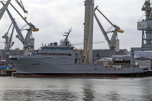 Partially outfitted patrol vessel Dumont d'Urville (A624) after launching at Crist yard.