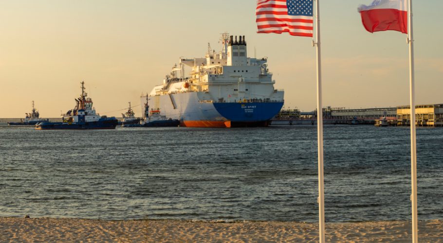 American tanker during liquefied gas delivery to LNG terminal in Swinoujscie