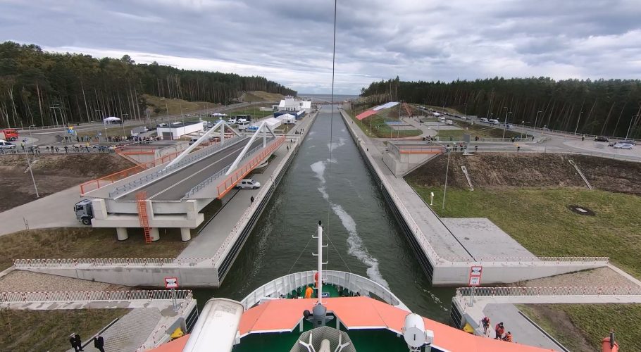 View from the bow of the Zodiak II ship entering the navigation canal lock through the Vistula Spit from the south.