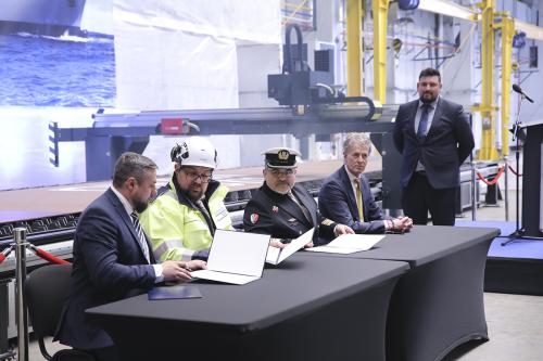 Sheet cutting ceremony for the construction of the first in a series of SIGINT-type ships