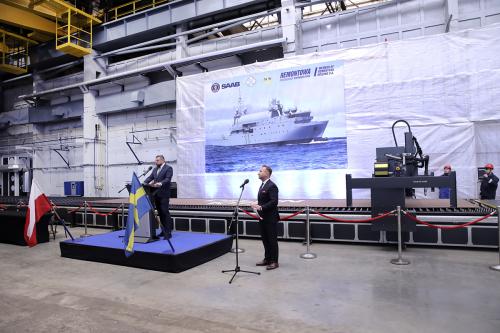 Sheet cutting ceremony for the construction of the first in a series of SIGINT-type ships